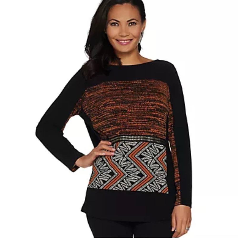 Susan Graver Printed Textured‎ Liquid Knit Tunic Top XXS Black Red w/ Gold Trim